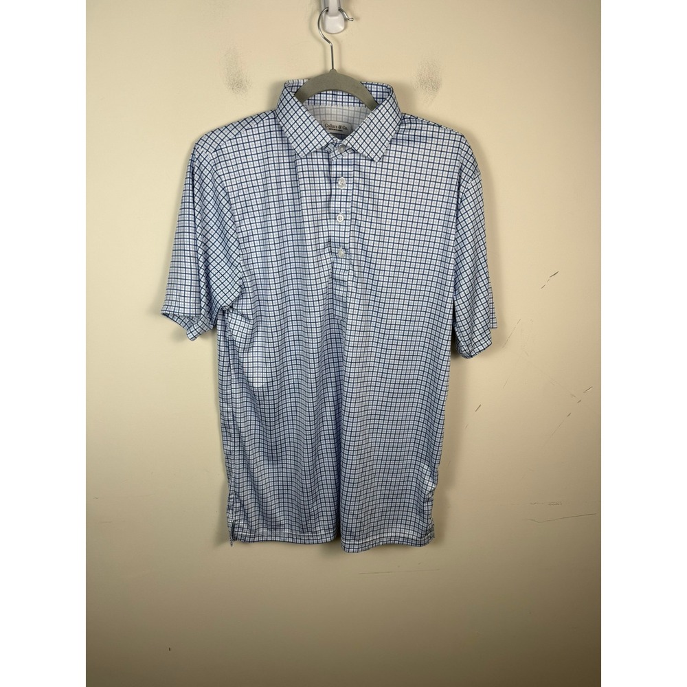 Collars & Co Mens Medium Classic Polo Shirt Blue White Check Dress Collar Short